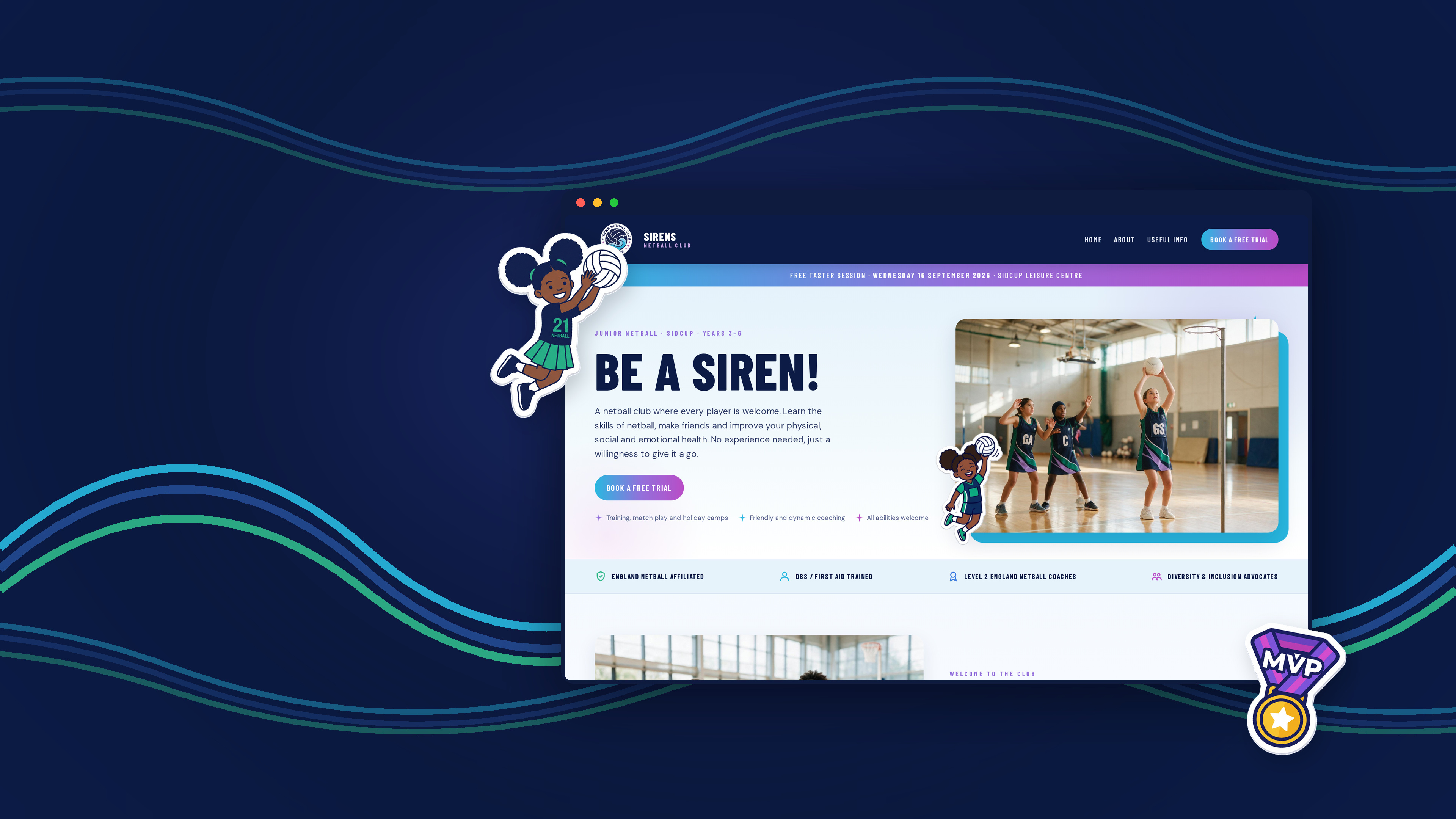 Sports club branding for Sirens Netball Club: the club badge, the wave device and the live website shown in a browser window