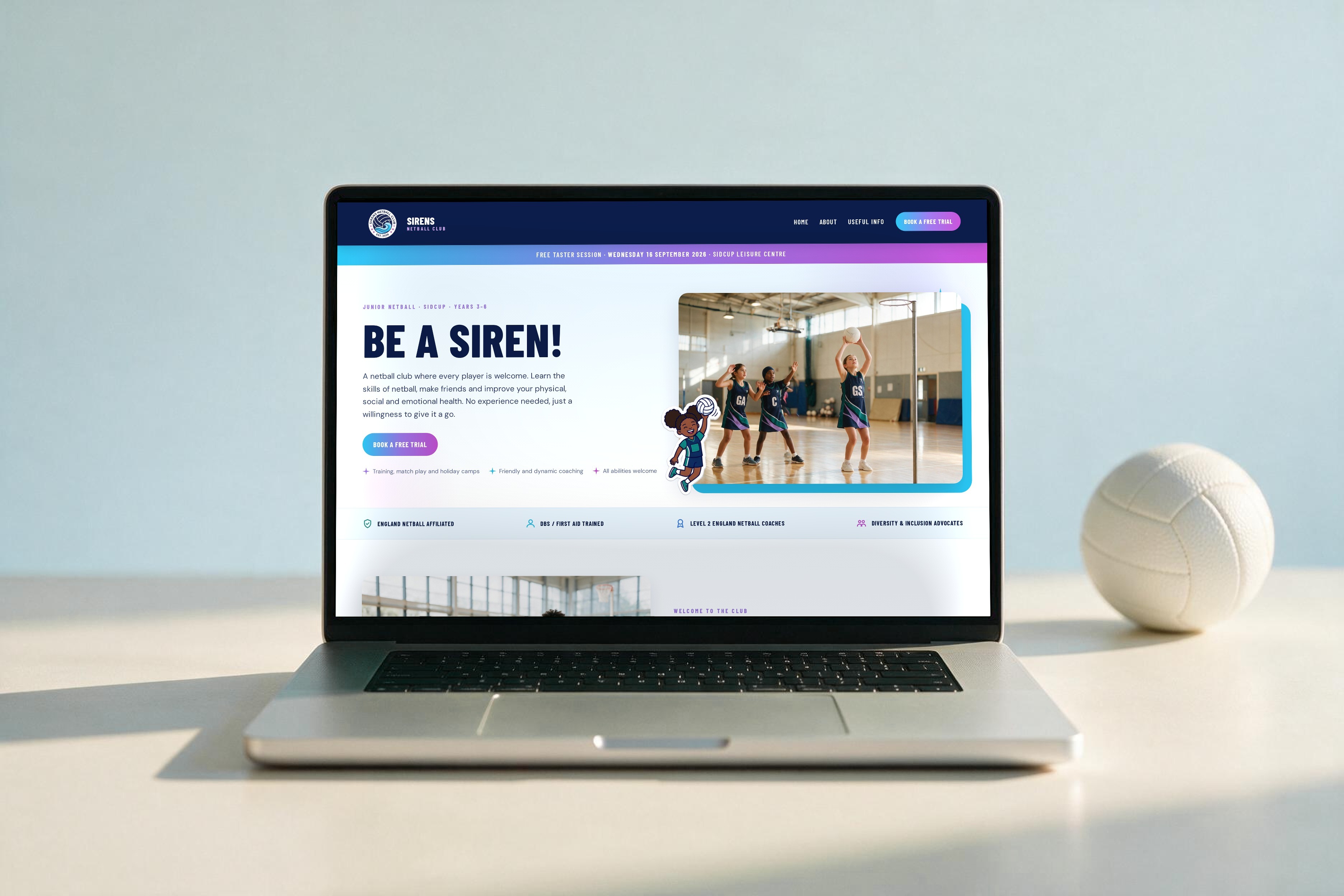 Netball club website design, the Sirens Netball Club homepage on a laptop