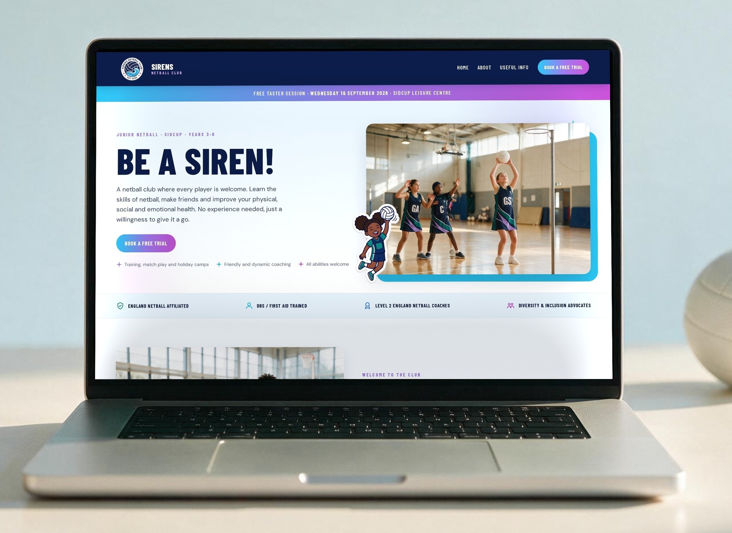 The Sirens Netball Club website on a laptop, with the club badge and wave device