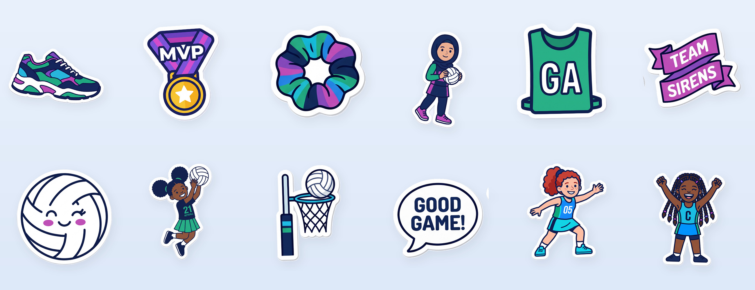 The Sirens die-cut sticker library: players, a bib, trainers, a goal post, an MVP medal, a scrunchie and a TEAM SIRENS banner