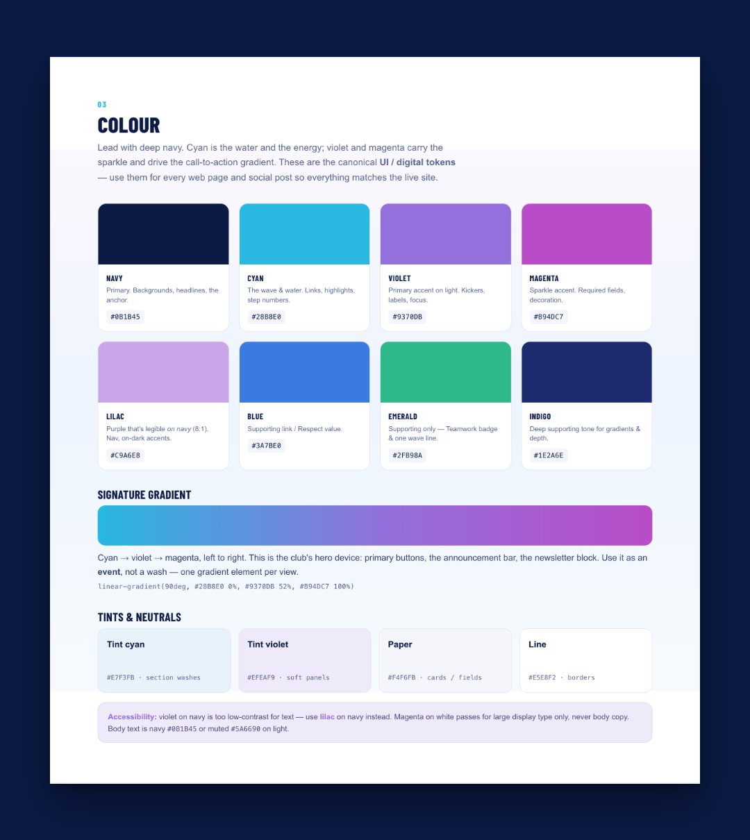 The colour page from the Sirens brand guidelines: navy, cyan, violet, magenta, lilac, blue, emerald and indigo, the signature gradient and the tints