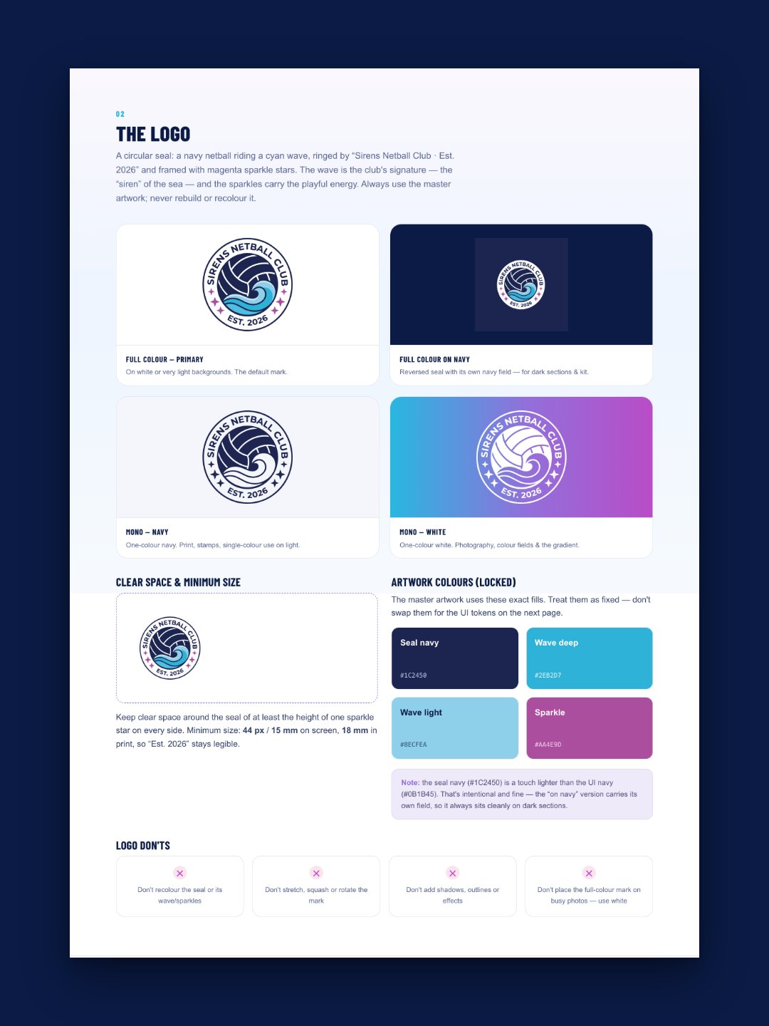 The logo page from the Sirens brand guidelines: the crest in full colour, on navy, in navy only and in white only, with its clear space, artwork colours and the logo don'ts