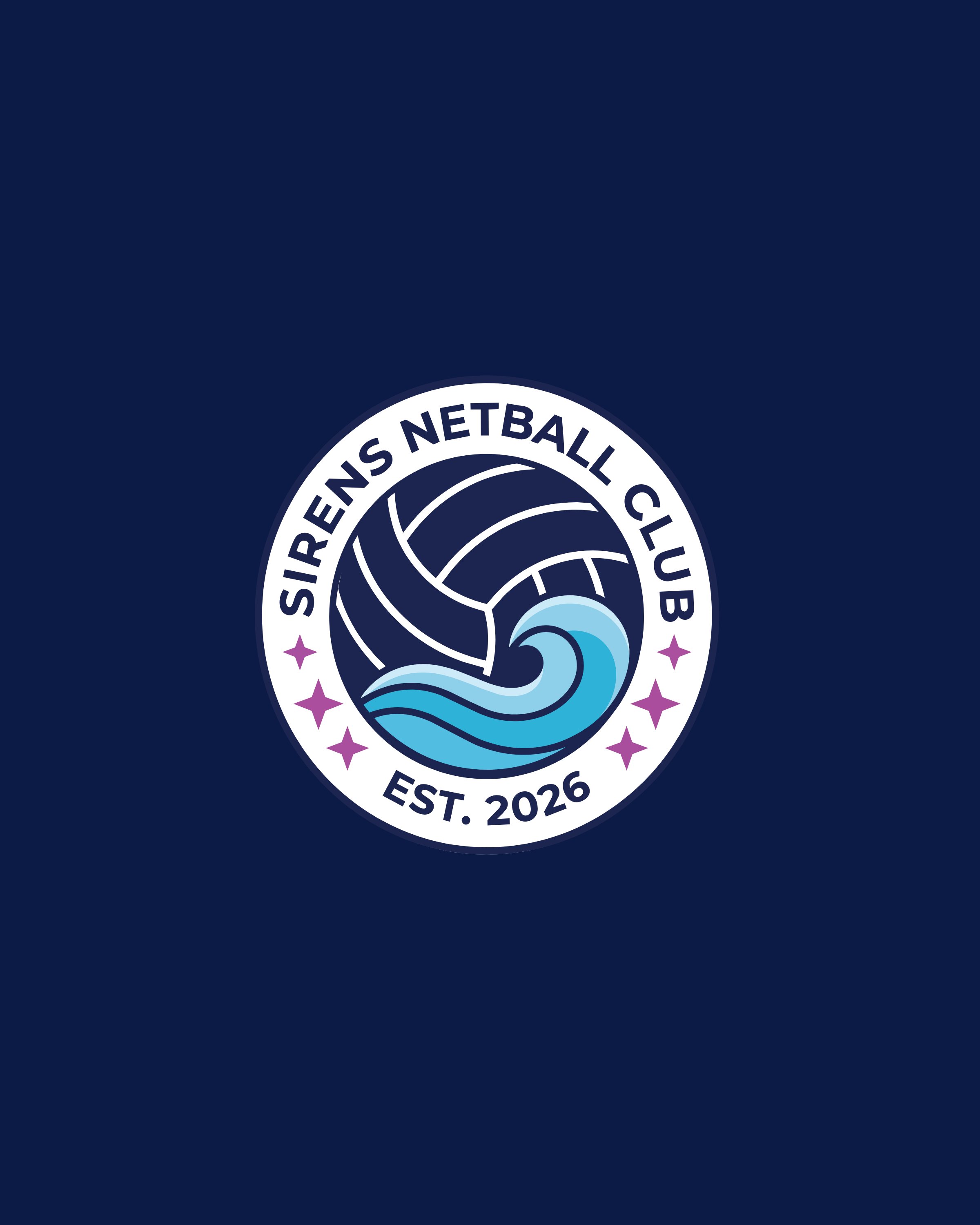 Sports club logo design: the Sirens Netball Club crest, a netball riding a cyan wave inside a circular seal with magenta sparkles, on navy
