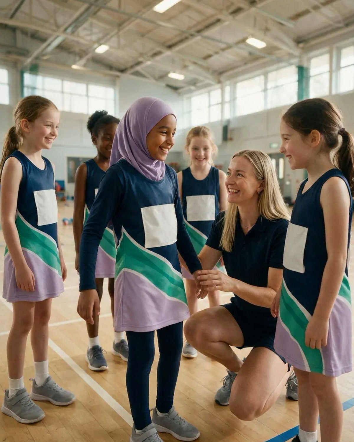 From the Sirens website image library: a coach kneeling among smiling players in a sports hall