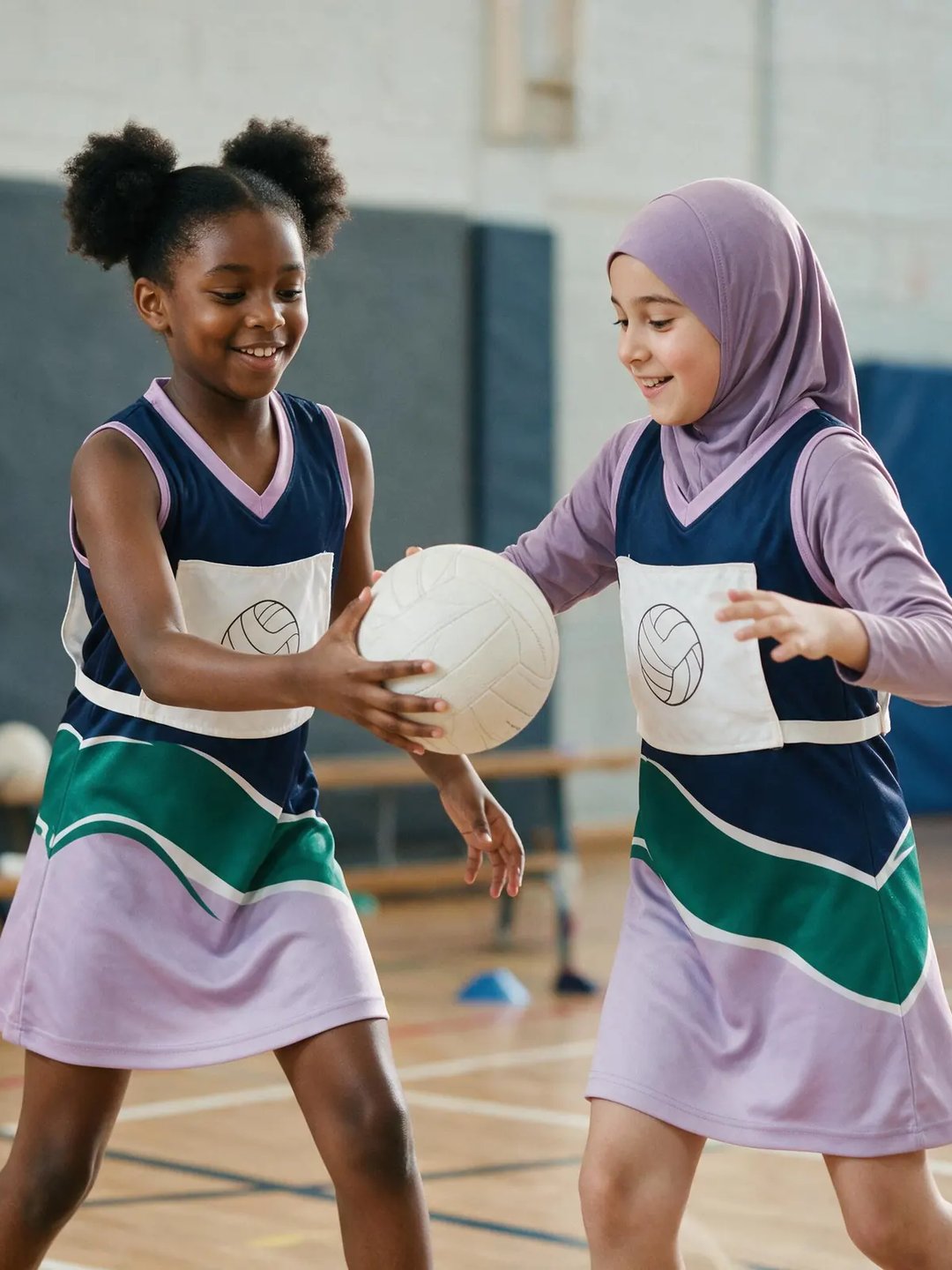 From the Sirens website image library: two junior players passing a netball in a sports hall