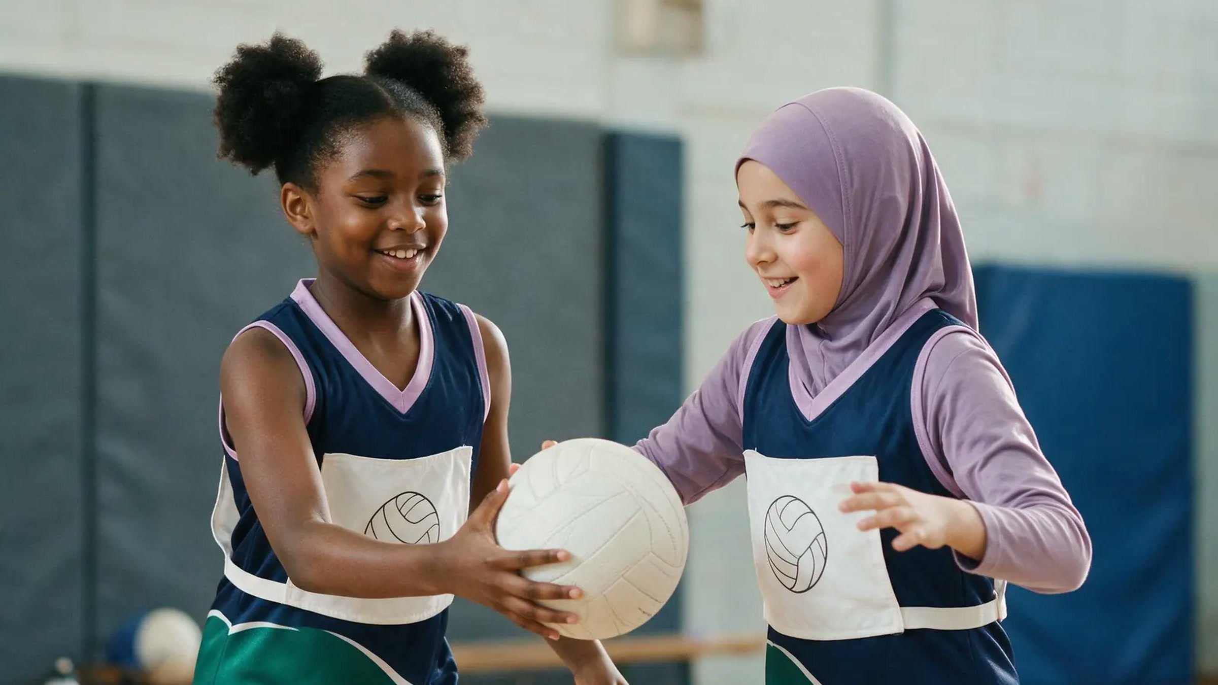 From the Sirens website image library: two players passing a netball in a sports hall