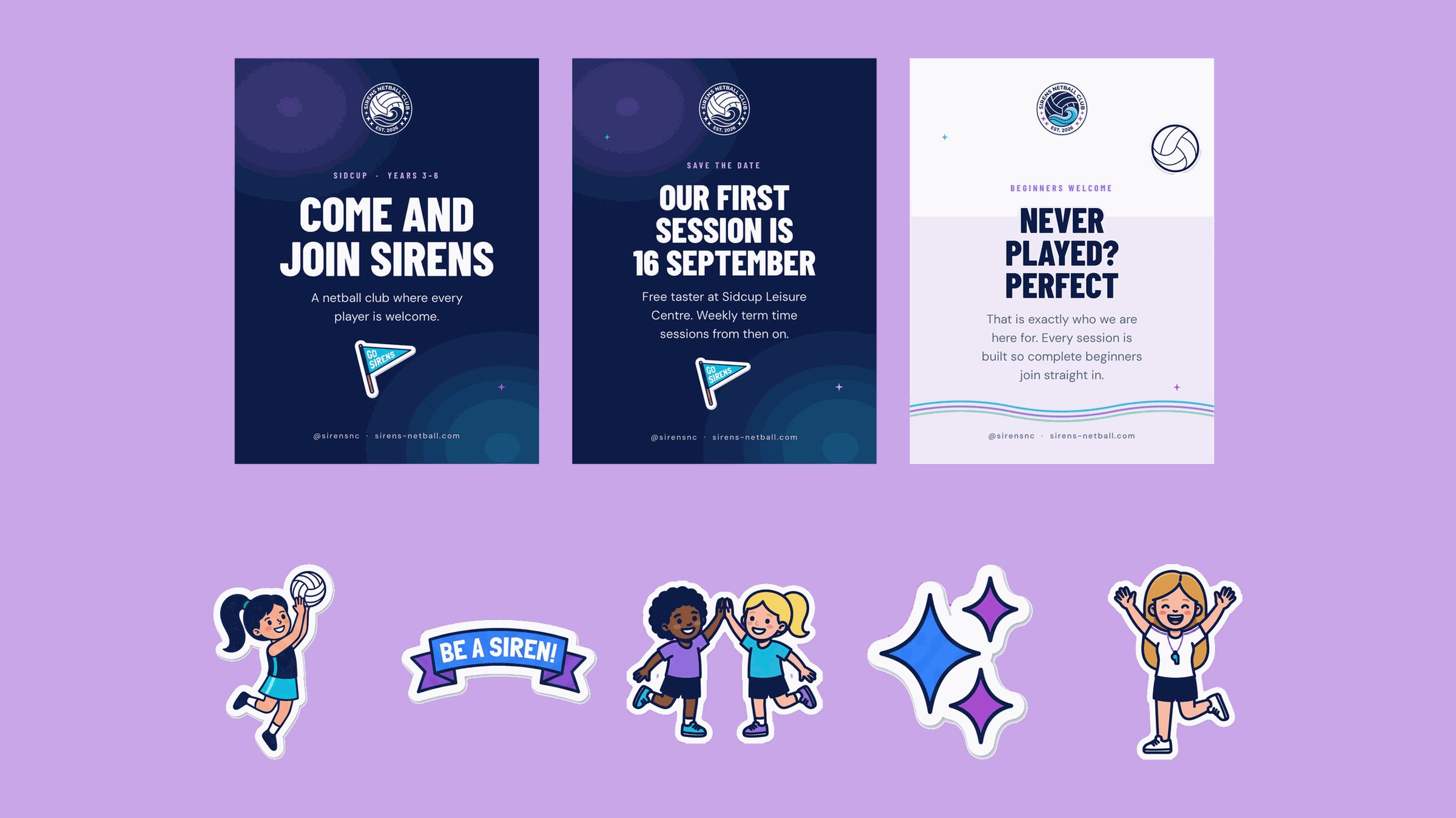 Sirens Netball Club launch posts and stickers on lilac