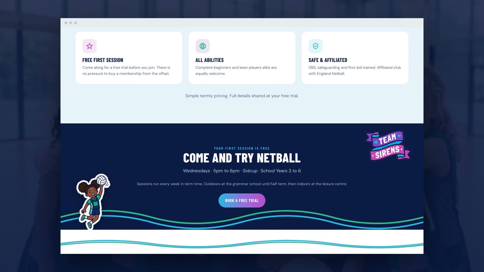 A section of the live Sirens website on desktop: Come and try netball, with an illustrated player and the Team Sirens banner