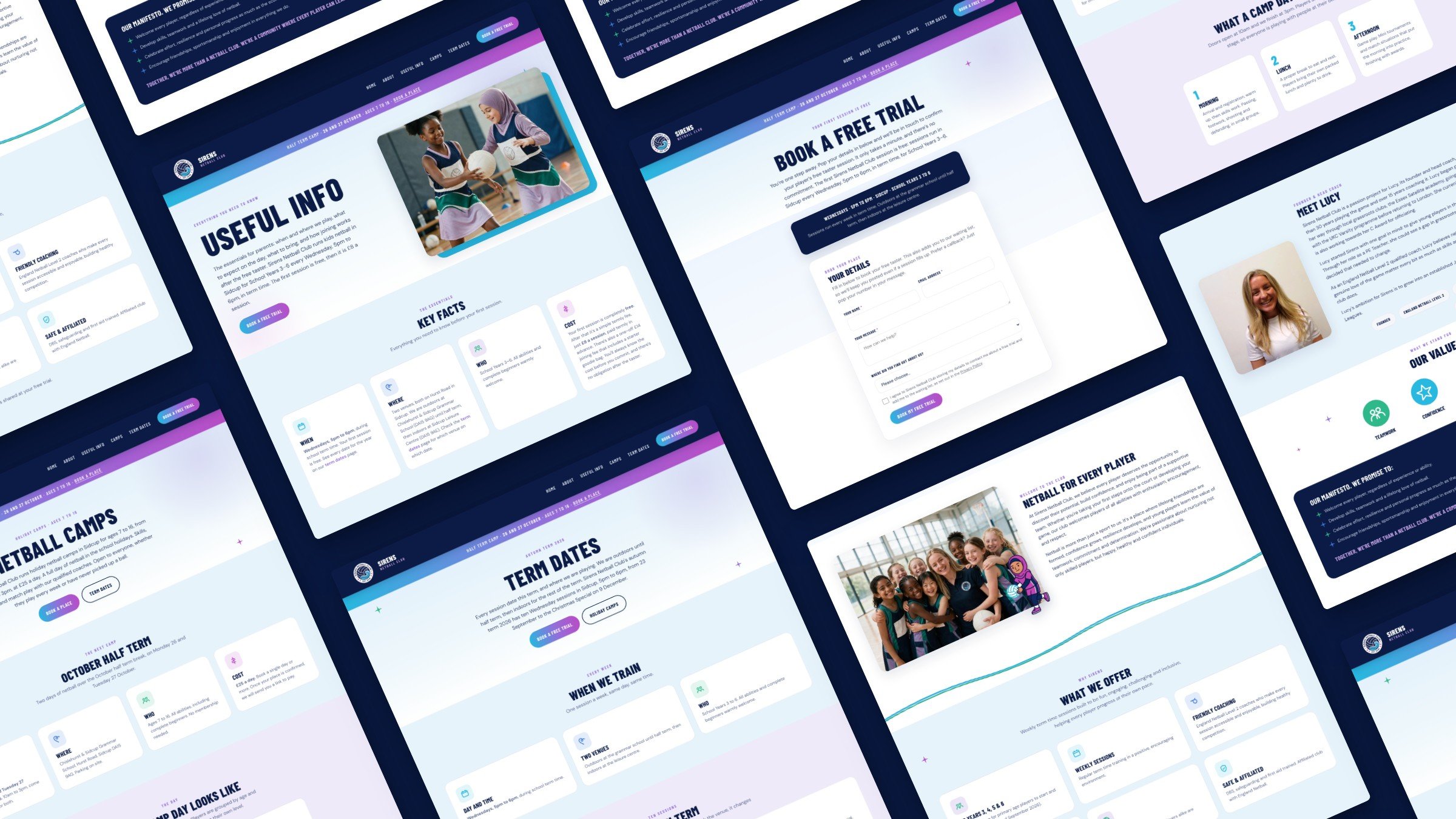 Six live pages of the Sirens website laid out on a diagonal on navy: Useful info, Camps, Term dates, Book a free trial, Home and About