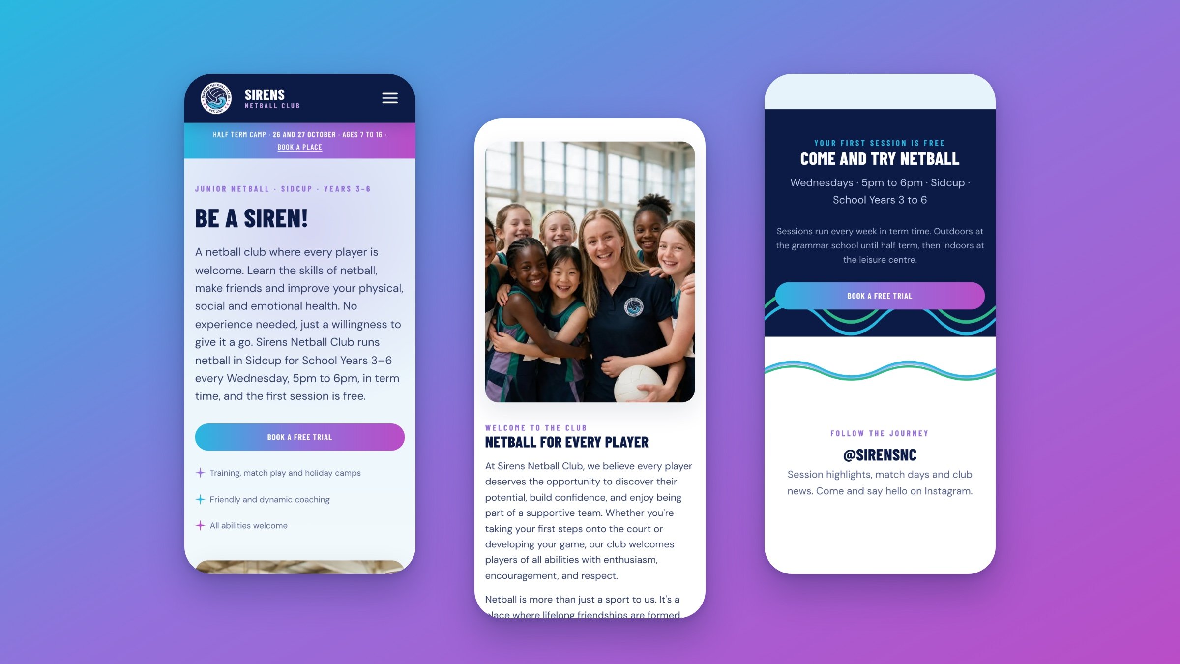 Mobile-first sports club website: live Sirens homepage screens on a phone, laid flat on the club gradient