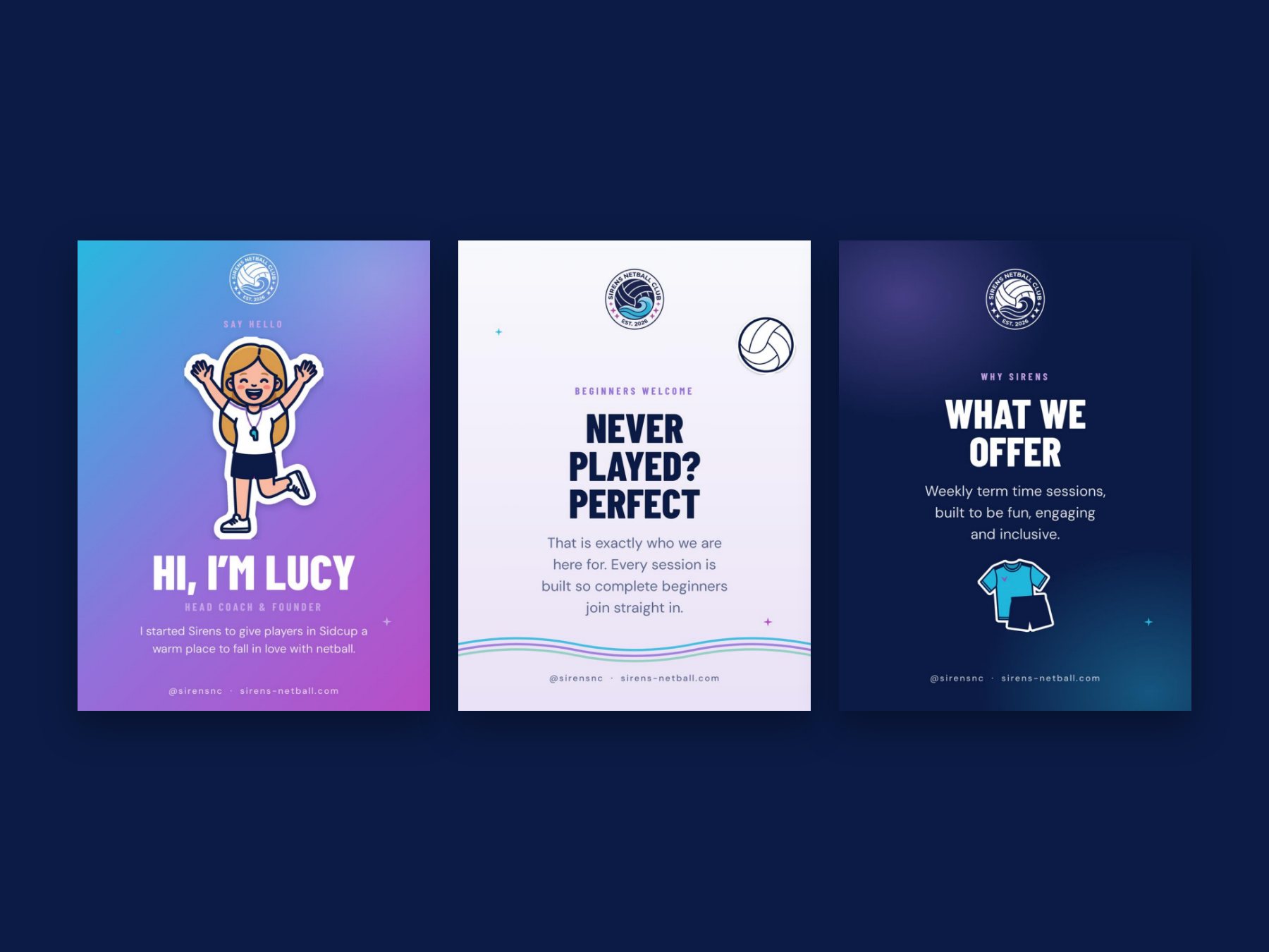 Social and content design: Sirens Netball Club project, three launch posts on navy