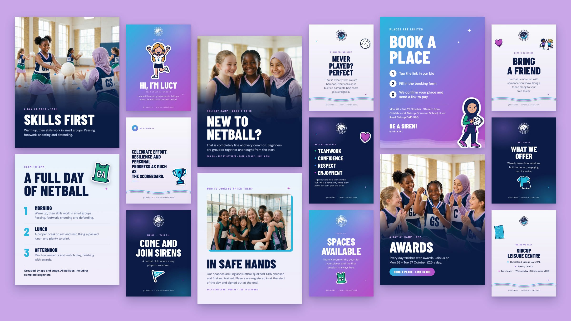 Fifteen Sirens social tiles on lilac, from the launch pack and the half-term camp set, including Skills first, Hi I'm Lucy, New to netball?, Book a place, Awards and Come and join Sirens