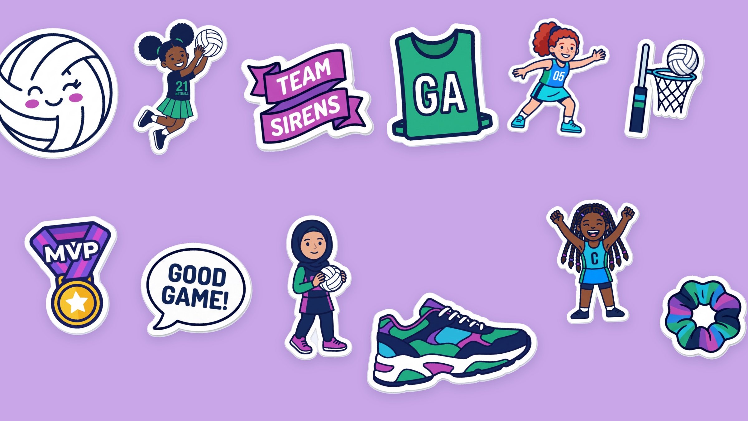 The twelve Sirens die-cut stickers on lilac, including a smiling netball, four players, a GA bib and an MVP medal