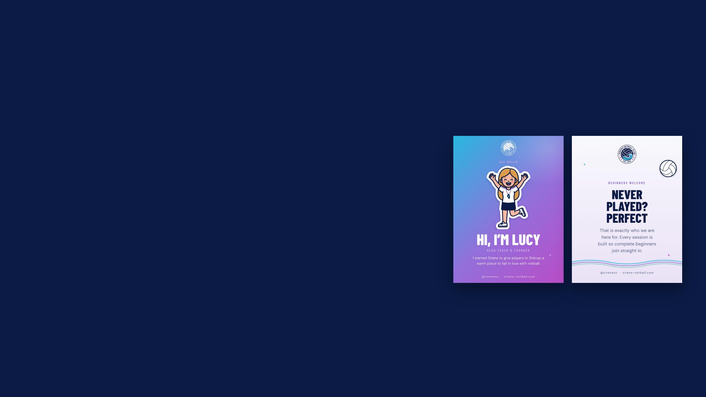 Two Sirens Netball Club launch posts on navy: Hi, I'm Lucy and Never played? Perfect
