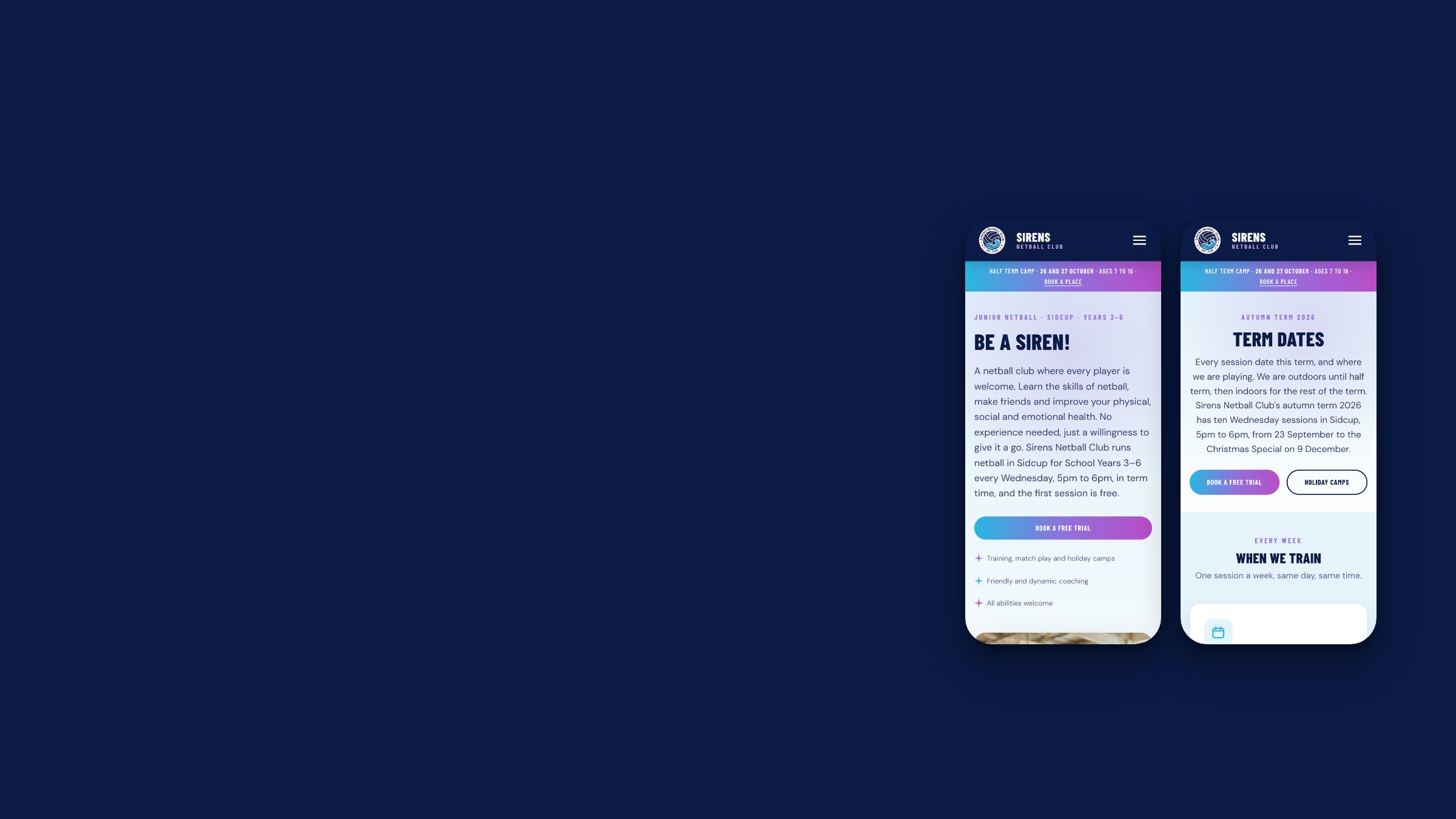Two live Sirens Netball Club pages on mobile: the home page and term dates