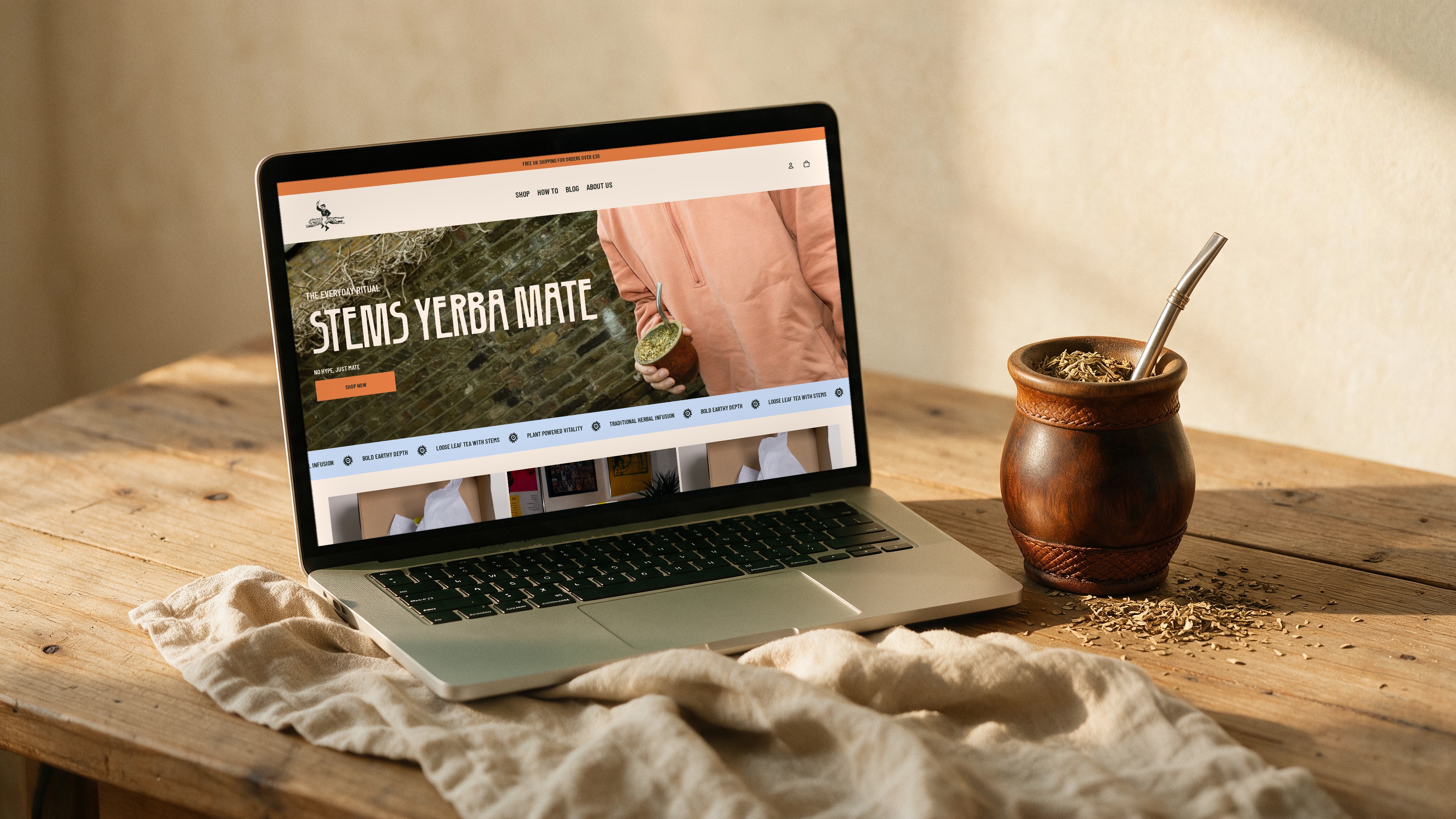 Shopify store design for Stems Yerba Mate shown on a laptop beside a mate gourd