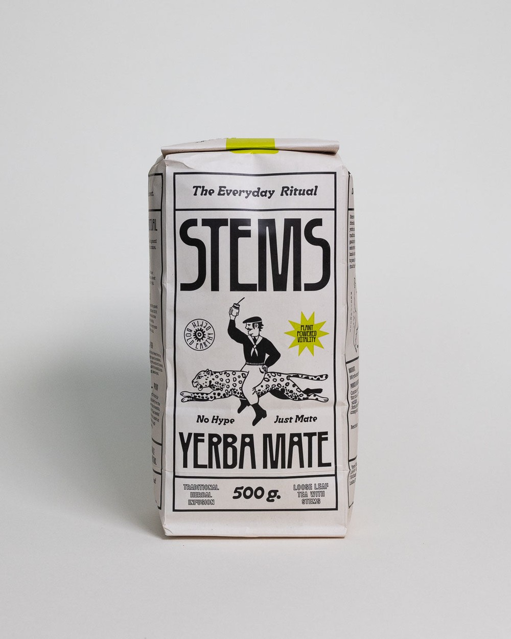 A Stems yerba mate 500g carton shot in the studio