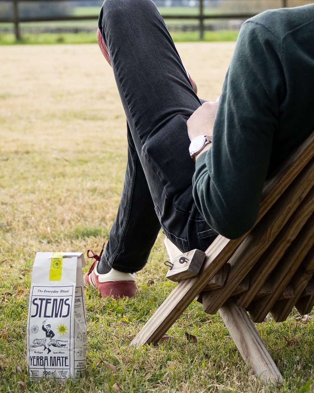 A Stems carton beside a deck chair on grass