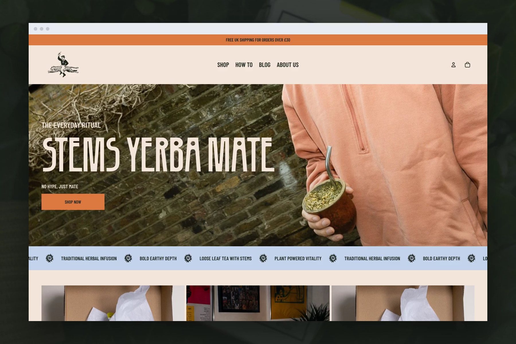 Stems Yerba Mate, the live Shopify homepage in a browser window