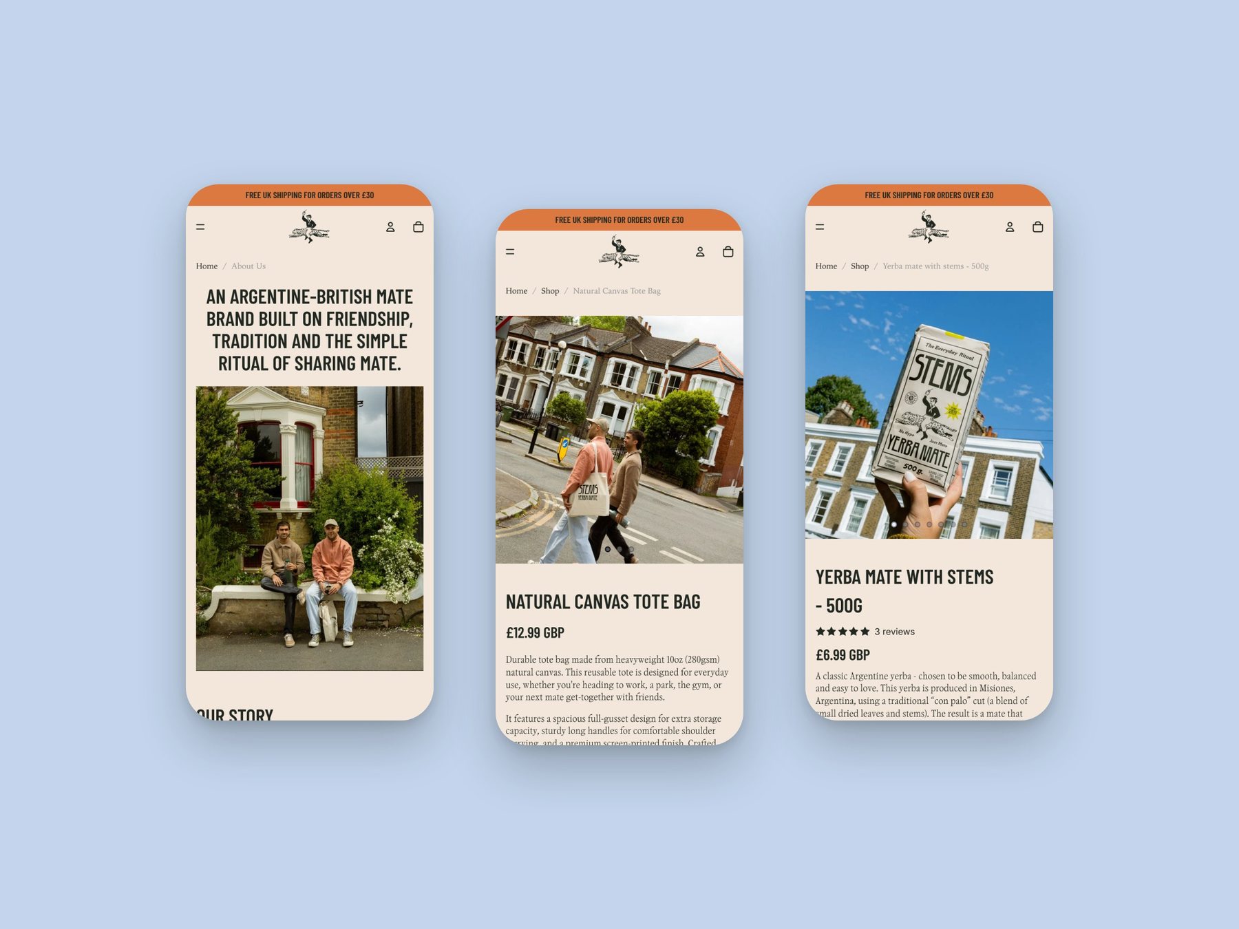 Shopify web design: Stems project, three live store pages on mobile