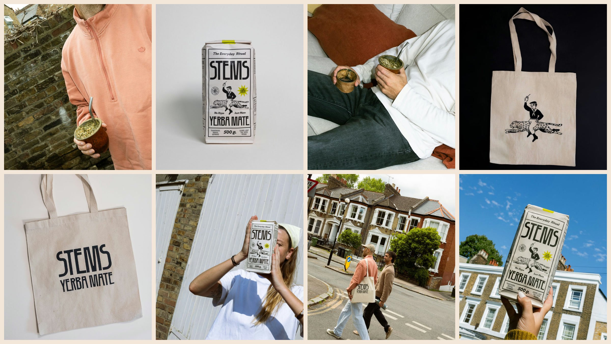 Eight of the client's photos on cream: a gourd held against a peach sweatshirt, a carton in the studio, two gourds on a sofa, the tote on black, the tote laid flat, a carton held up to a face, two people crossing a London street and a carton held up to the sky