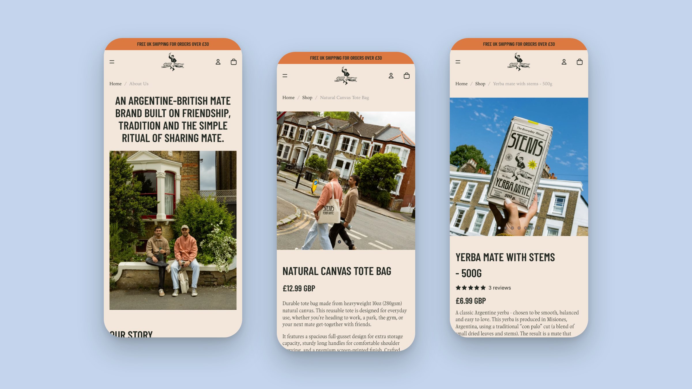Three live Stems store pages on mobile: the brand story, the canvas tote and the 500g yerba mate