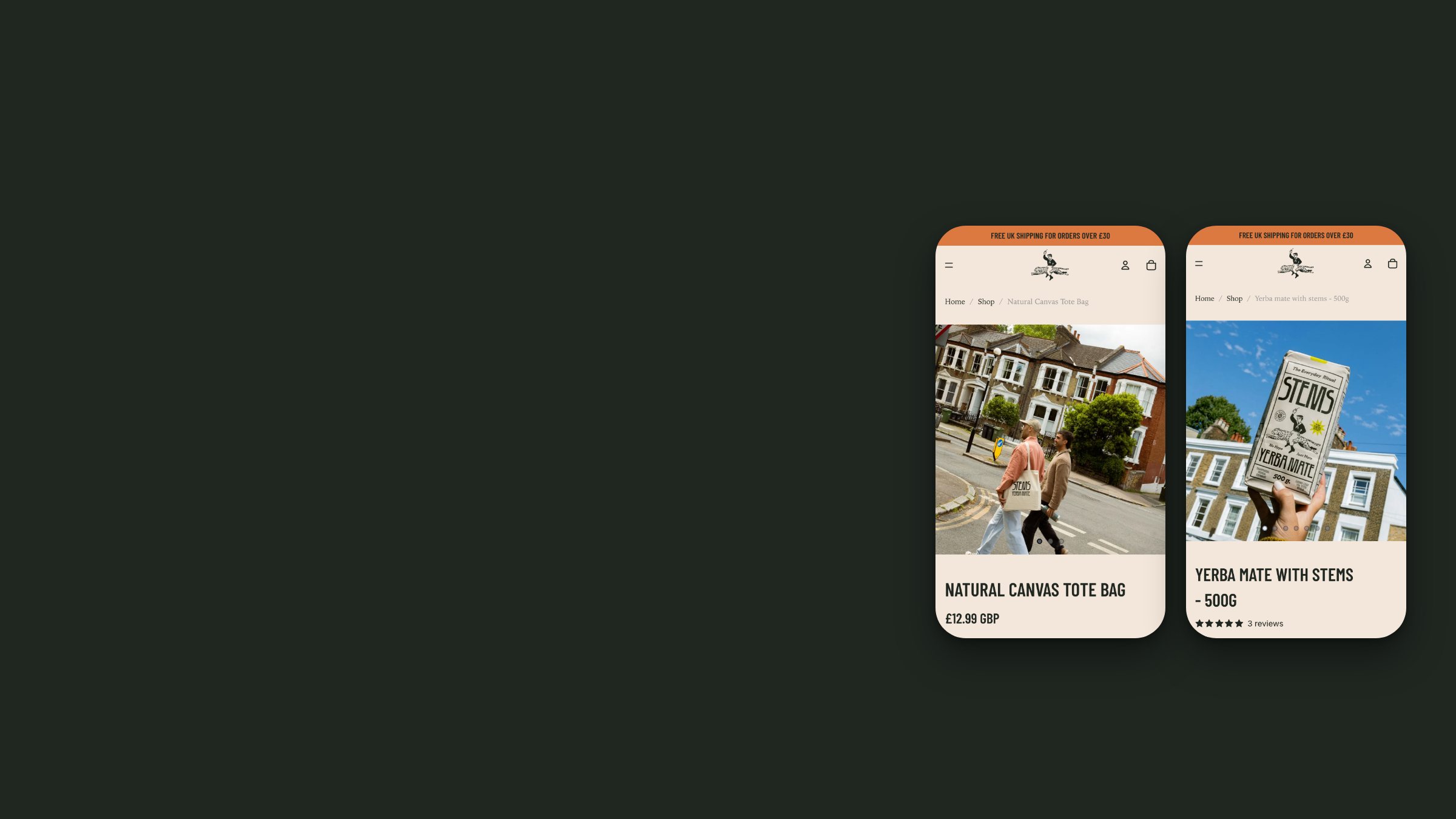 Two live Stems product pages on mobile: the canvas tote bag and yerba mate with stems