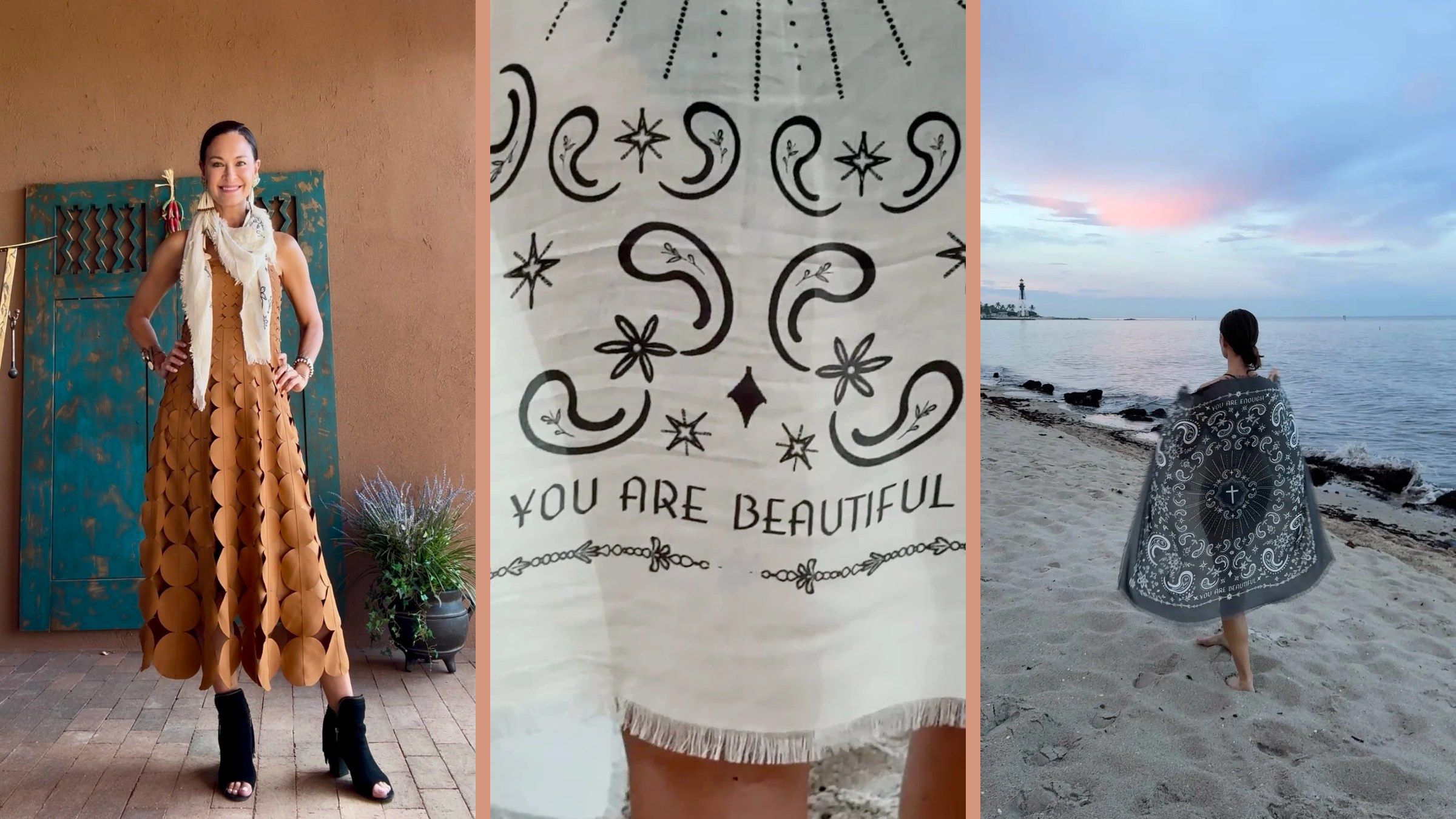 Three of Eli’s photographs: by a teal door in the Ivory Pearl scarf and a suede dress, a close-up of the scarf’s You are beautiful lettering, and walking a beach at dusk in the Charcoal scarf