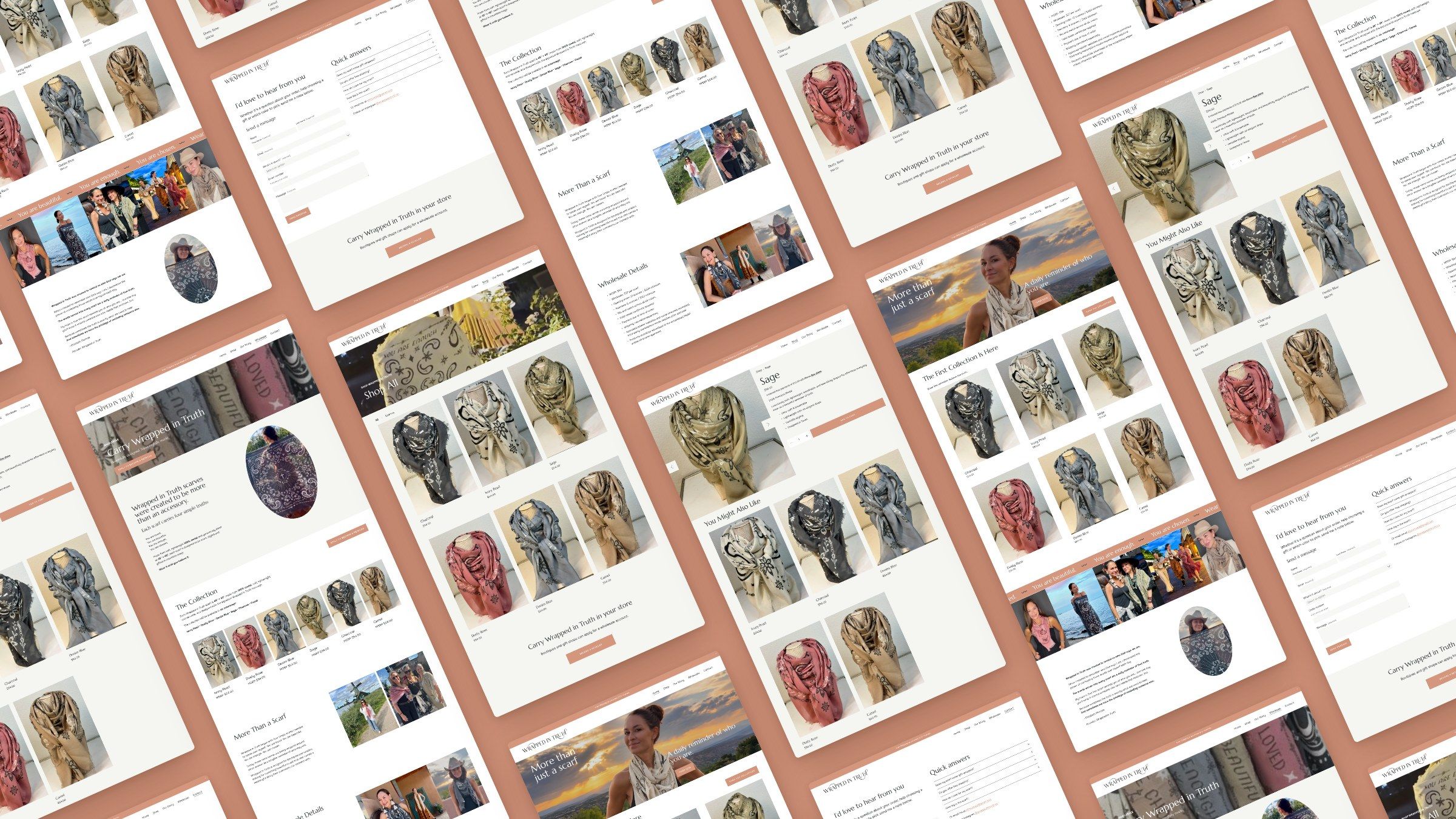 Live pages of wrappedintruth.co laid out on a diagonal on terracotta: the home page, wholesale, the shop, the Sage product page and contact