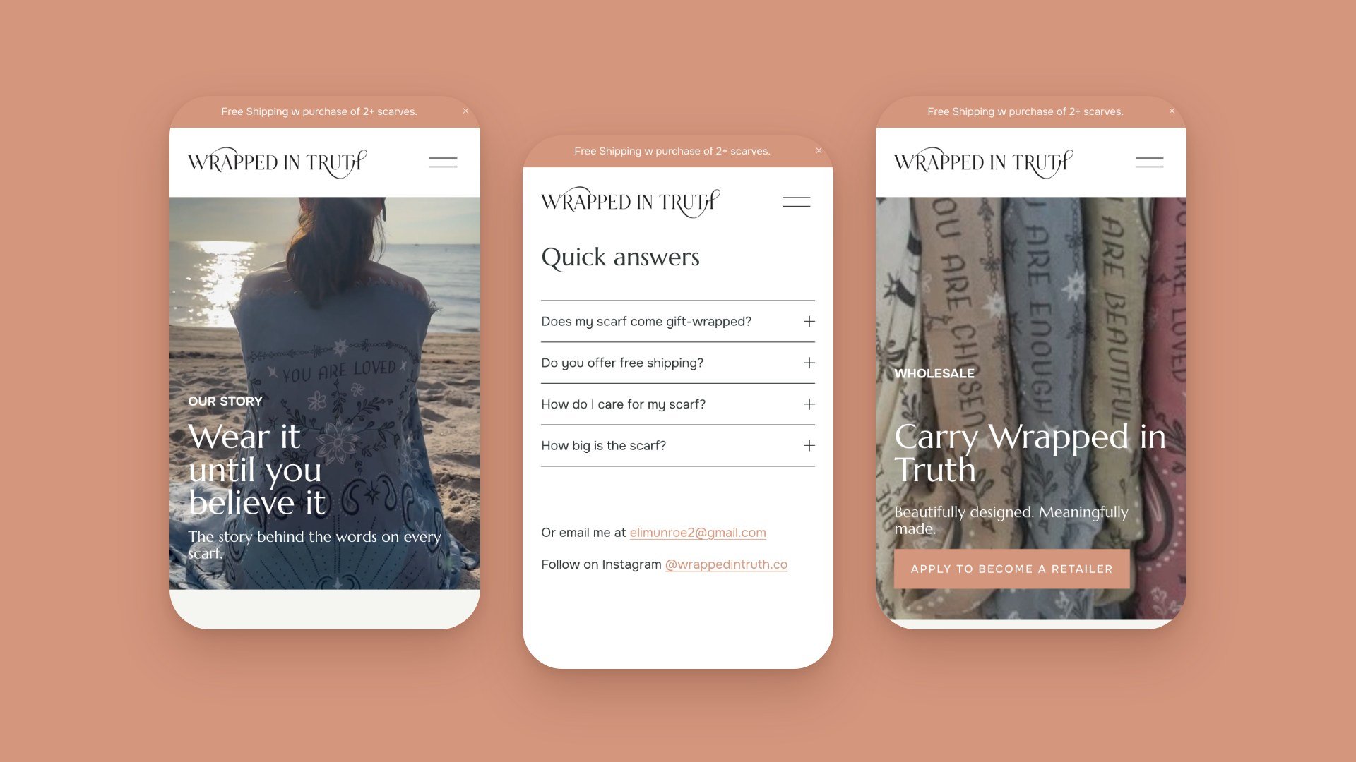 Live Wrapped in Truth mobile screens on terracotta: Our Story, the contact page’s quick answers and Wholesale