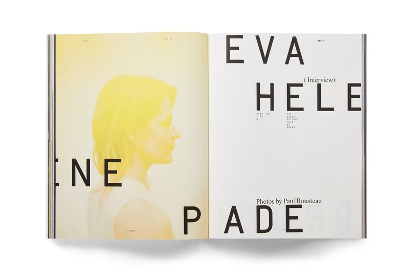 Footnote magazine, issue 2 by Alex Hunting Studio: London studio's independent print journal: a contributor's name set in huge, letter-spaced Bull-5 Mono that breaks across the spread, with a technical footnote-style system