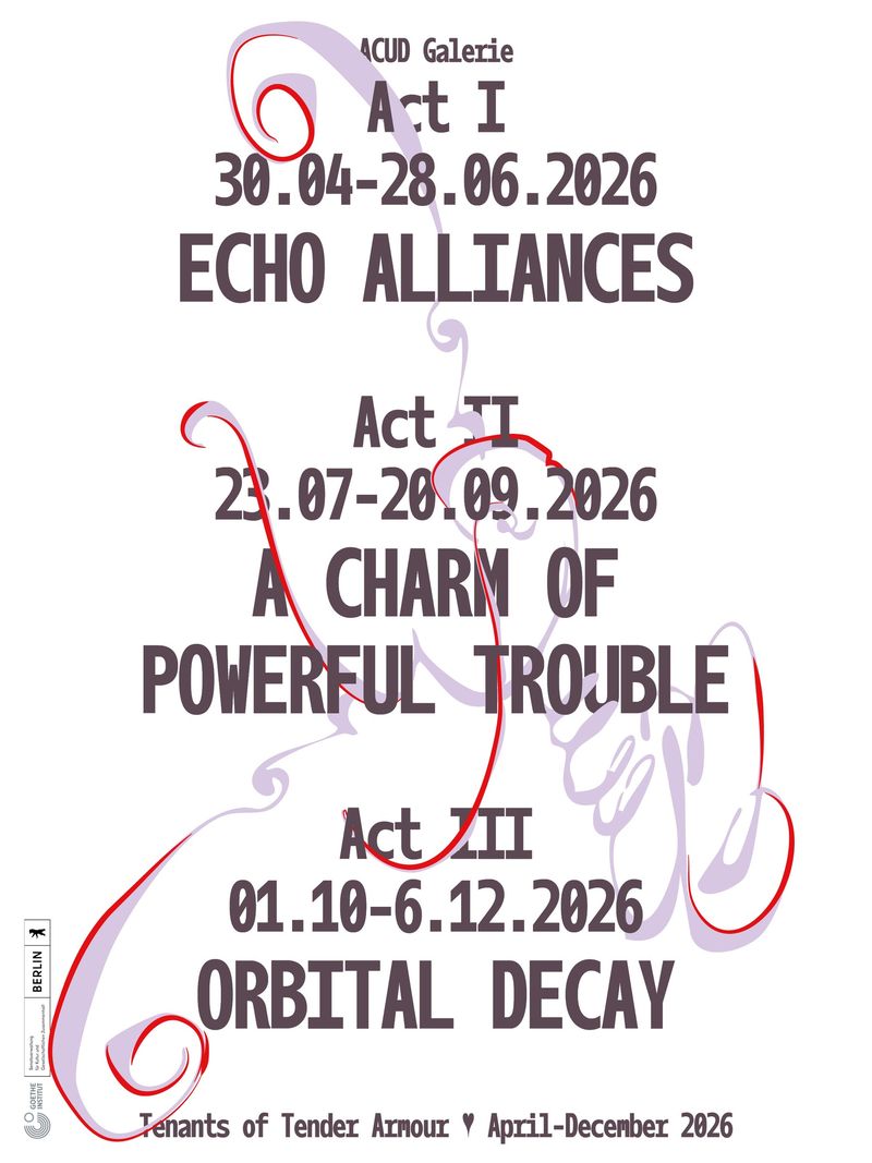 ACUD Galerie 2026 programme poster by Charlotte Rohde: Berlin gallery's year-long programme poster: every line, from dates to titles, set in a condensed monospace at display size over a lilac and red flourish