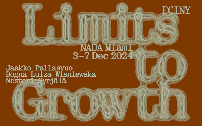 Limits to Growth, FCINY at NADA Miami by Marina Veziko: Exhibition identity for the Finnish Cultural Institute in New York, set wholly in Aether Mono: a huge dot-matrix-outlined title over plain mono details, cream on rust