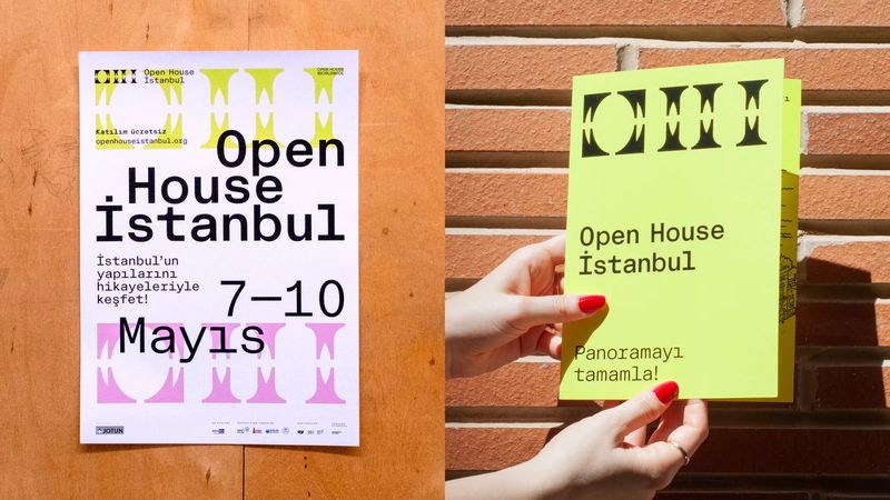 Open House İstanbul identity by Sömestr Studio: Crit Mono is the workhorse of the whole architecture-festival identity, set big on posters and leaflets in lime and pink