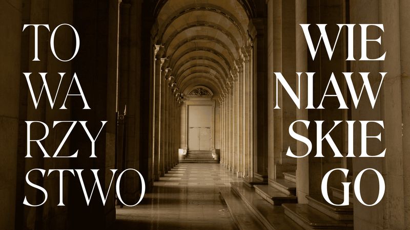 Wieniawski Society rebrand by TOFU Studio: High-contrast display serif set huge in caps, broken mid-word, over a sepia arcade photo