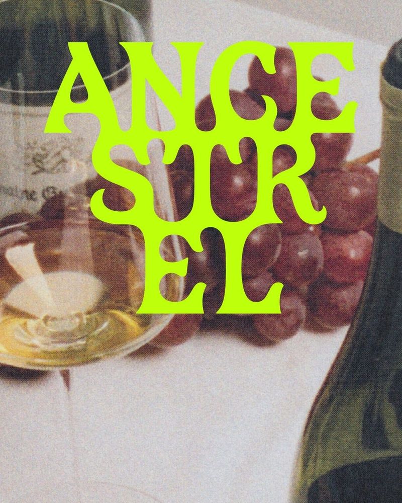Ancestrel natural wine identity by All Purpose: A stacked serif wordmark whose letters drip and merge like syrup