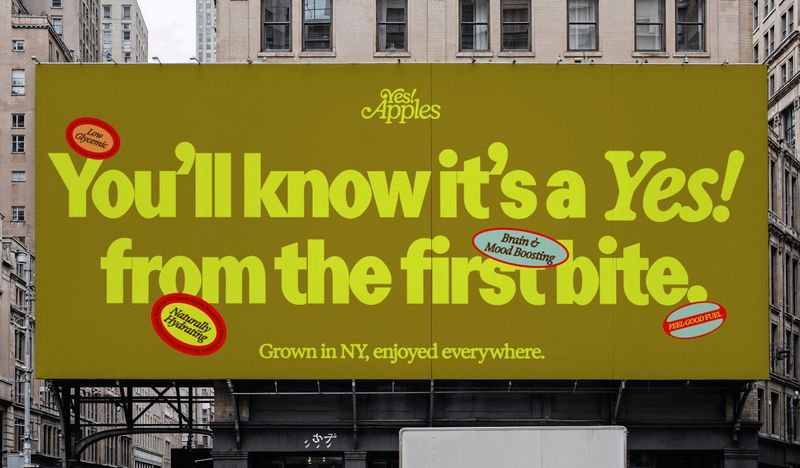 Yes! Apples identity by Blurr Bureau: Chunky soft serif headline with a swashy, bouncing Yes! logo