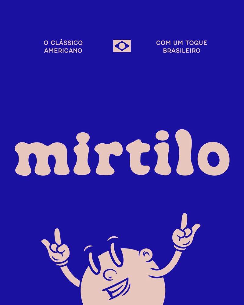 Mirtilo Cheesecakeria identity by Victor Cruz: A gooey, blobby lowercase wordmark with irregular swelling strokes, warm pink on cobalt