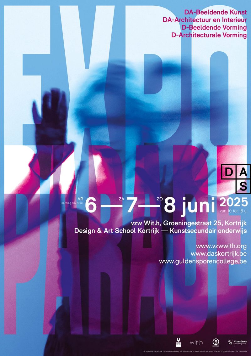 EXPO/PARADE poster, Design & Art School Kortrijk by Erik Desombere: Two words in Signal Compressed stacked to fill the full poster height behind a photo; blue and magenta, the type is the frame