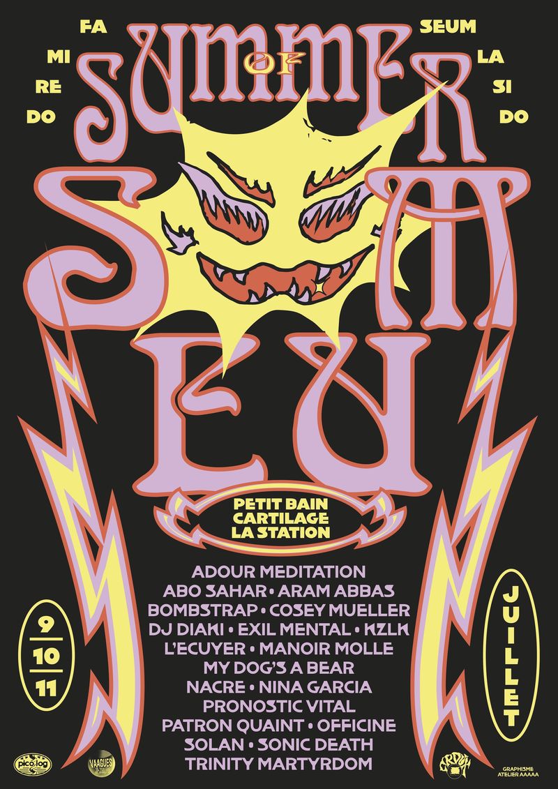 Summer of Seum 2026, Paris by Atelier AAAAA: The festival name is set round an ellipse over a grinning sun, with the bottom letters bigger than the top, so the Art Nouveau lettering bends into perspective