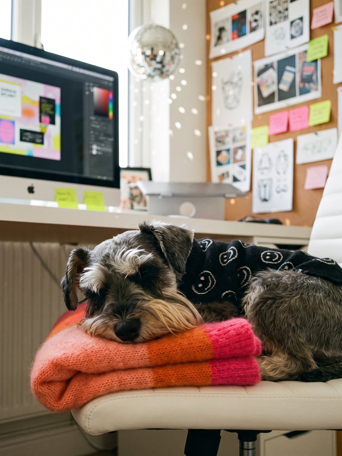 Miniature schnauzer asleep on a pink and orange knitted blanket on the desk chair in the S Evans Design studio