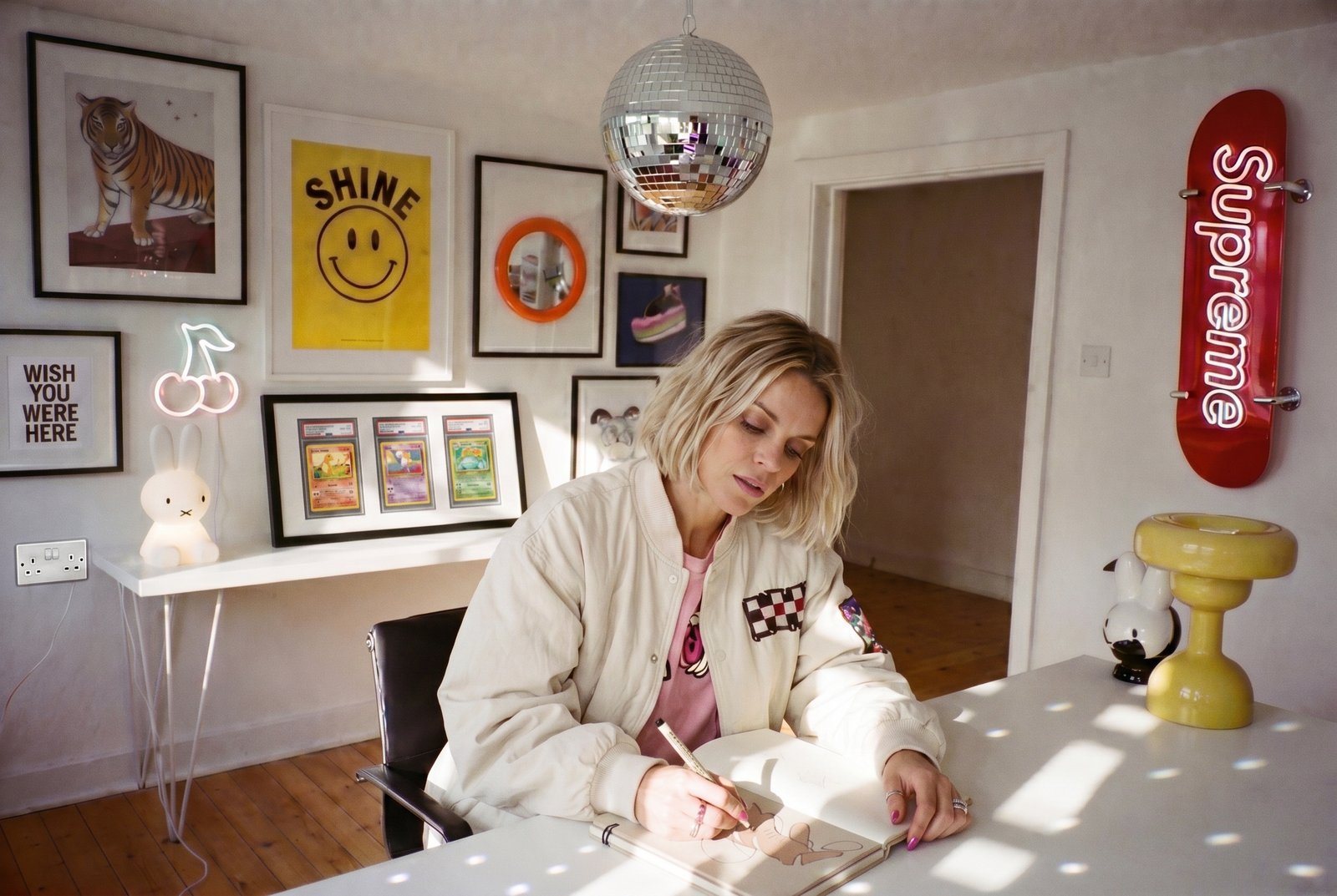 Sophie at her studio desk working on a sketchbook, cream varsity jacket, gallery wall and disco ball behind her